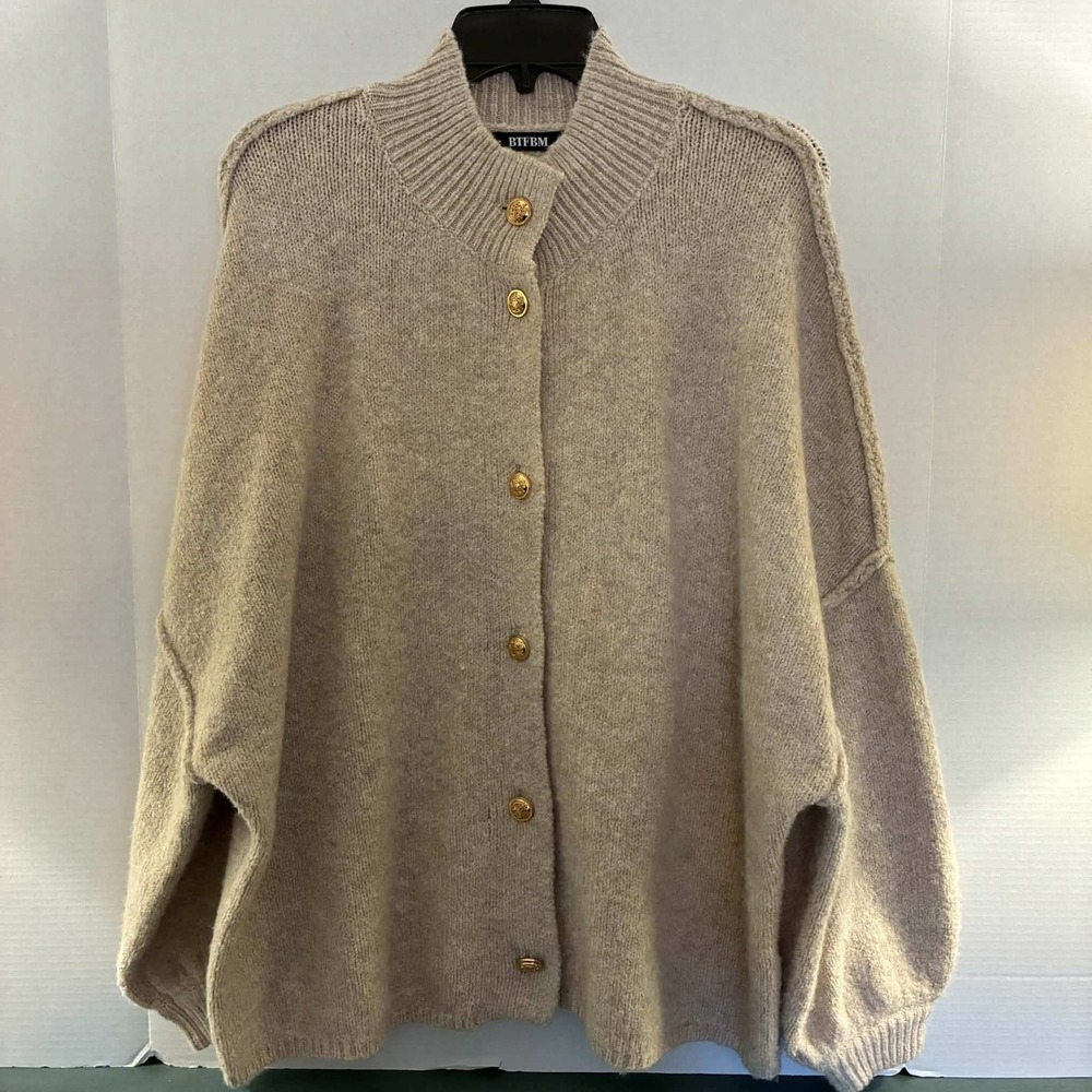 BTFBM Button Down Cardigan Sweater Womens S Beige Gold Crest Buttons Mock Neck